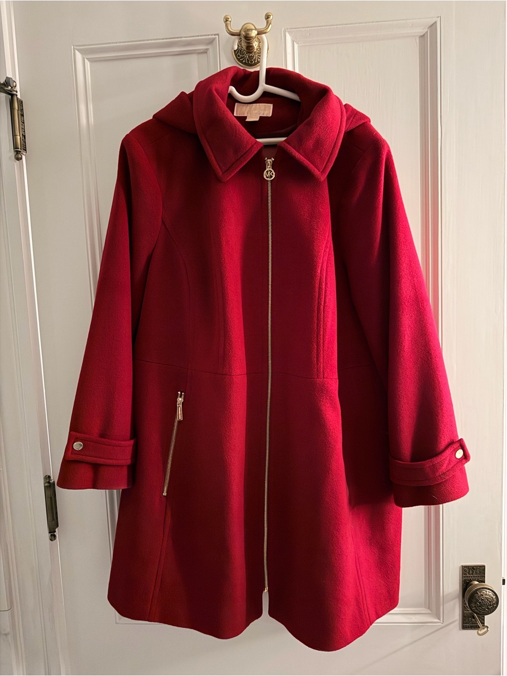 MICHAEL Michael Kors 2X Burgundy Red Wool Blend Hooded Coat, Gold Zip